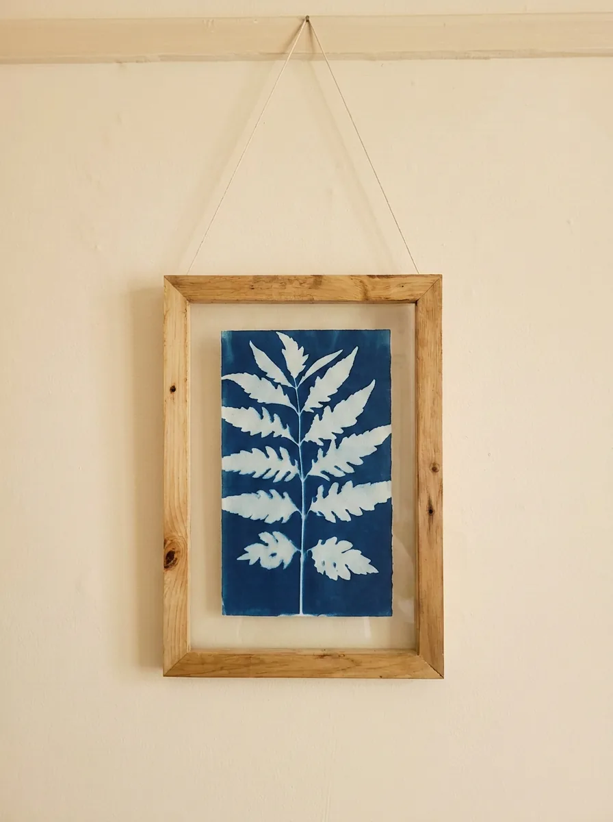 Framed cyanotype botanical print of a fern frond